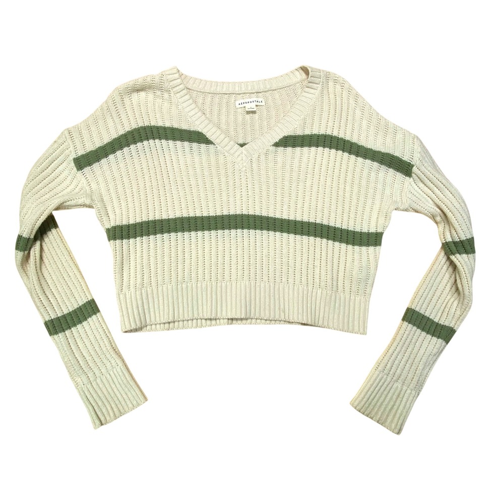 Aeropostale Crew Crop Sweater Womens Small Creamโ Green Stripe